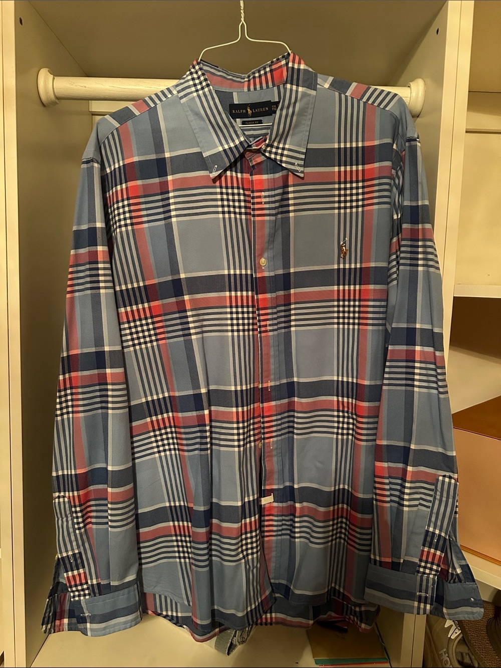 Ralph Lauren Light Blue Plaid Dress Shirt with Red Accents